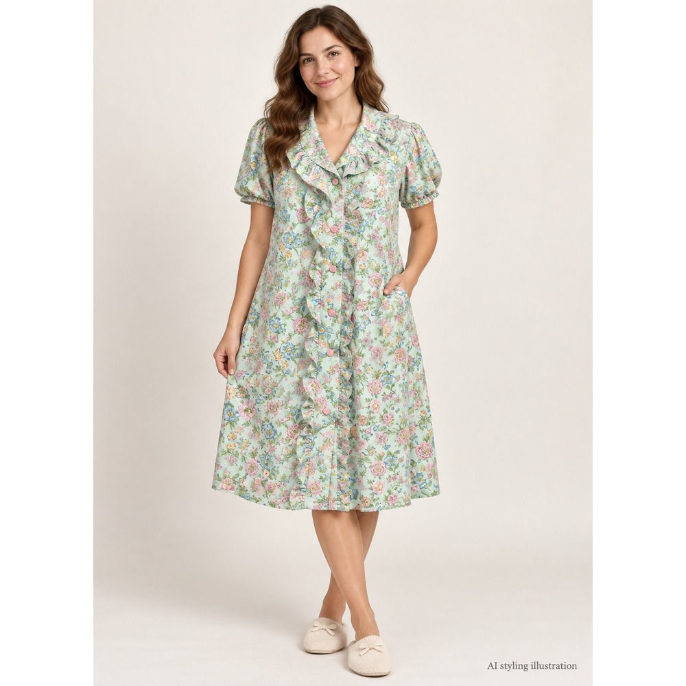 Sears Perma-Prest House Dress Women Medium Mint Green Floral Cottagecore Ruffle